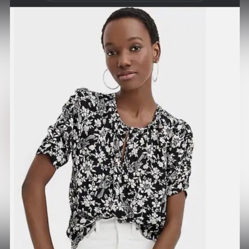 J crew Black and white short sleeve blouse bird motif